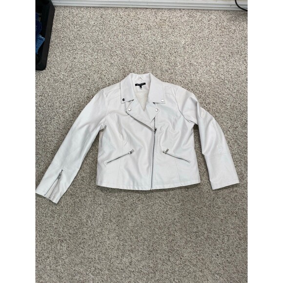 Baccini Sherpa Lined White Faux Leather Asymmetrical Silver Zip Moto Jacket  XL - Picture 3 of 12
